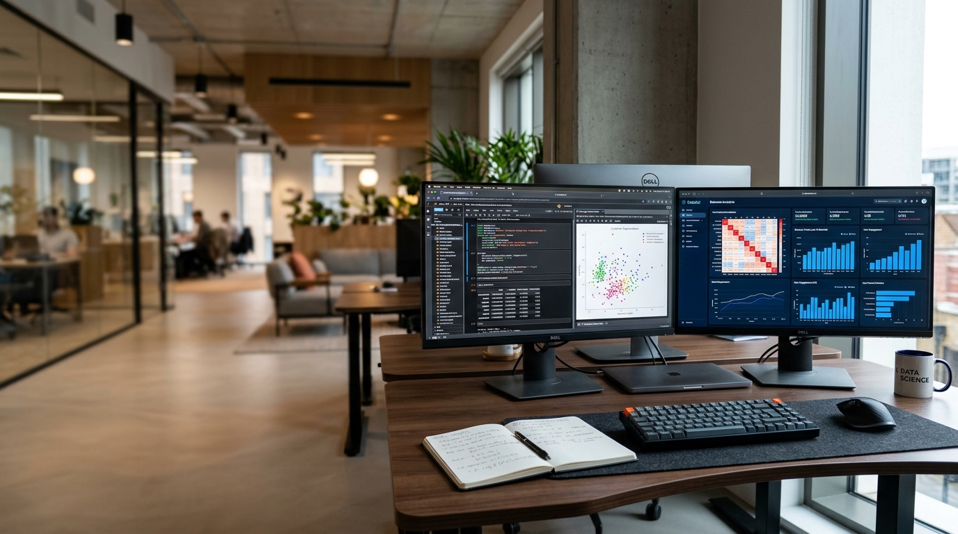 Data science and analytics workspace with statistical visualizations and Jupyter dashboards