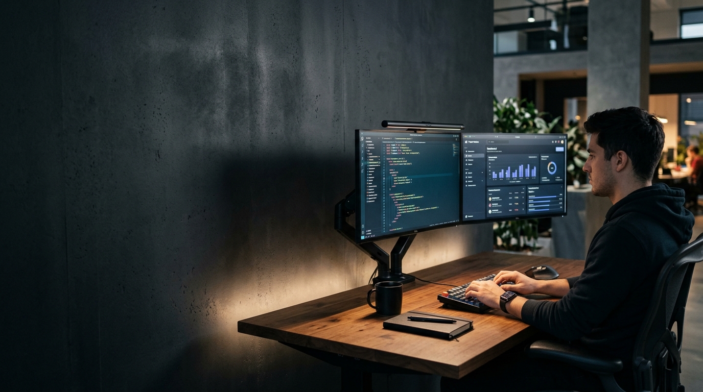 Frontend engineering workstation with React component code, design systems, and responsive previews