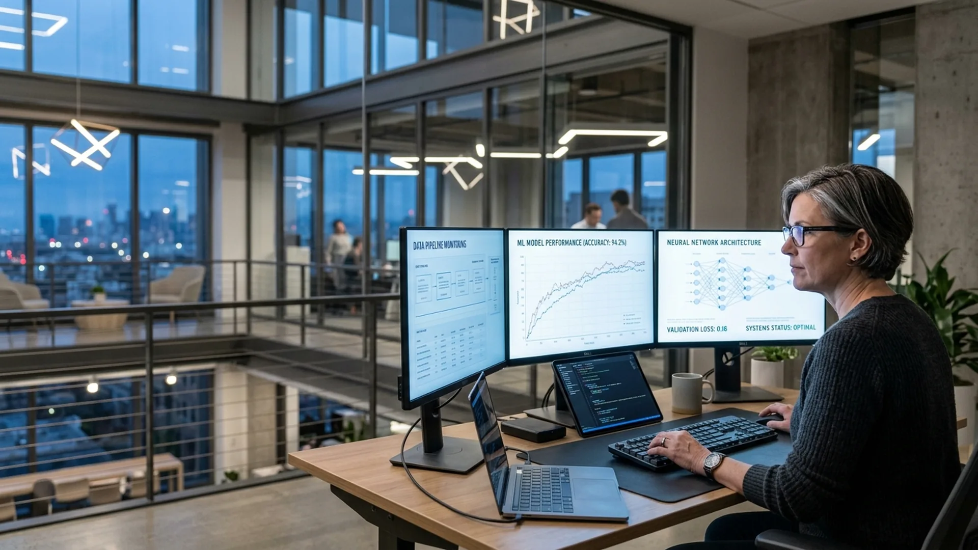 AI and Machine Learning engineering workspace with neural network models and real-time inference data