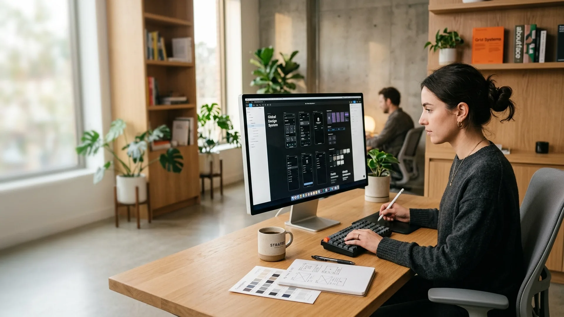 UI/UX product design workspace with Figma design systems, wireframes, and prototypes